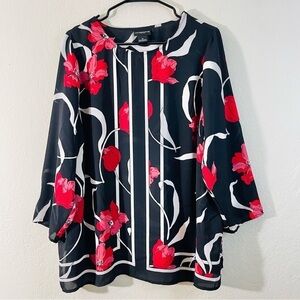 Liz Claiborne Floral Print Round Neck Blouse Women 0X Black/Red Casual Career